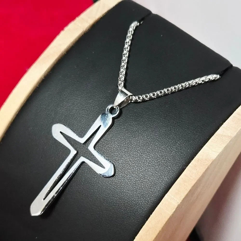 Silver Hollow Cross Pendant Necklace Stainless Steel Unisex Box Chain Jewelry